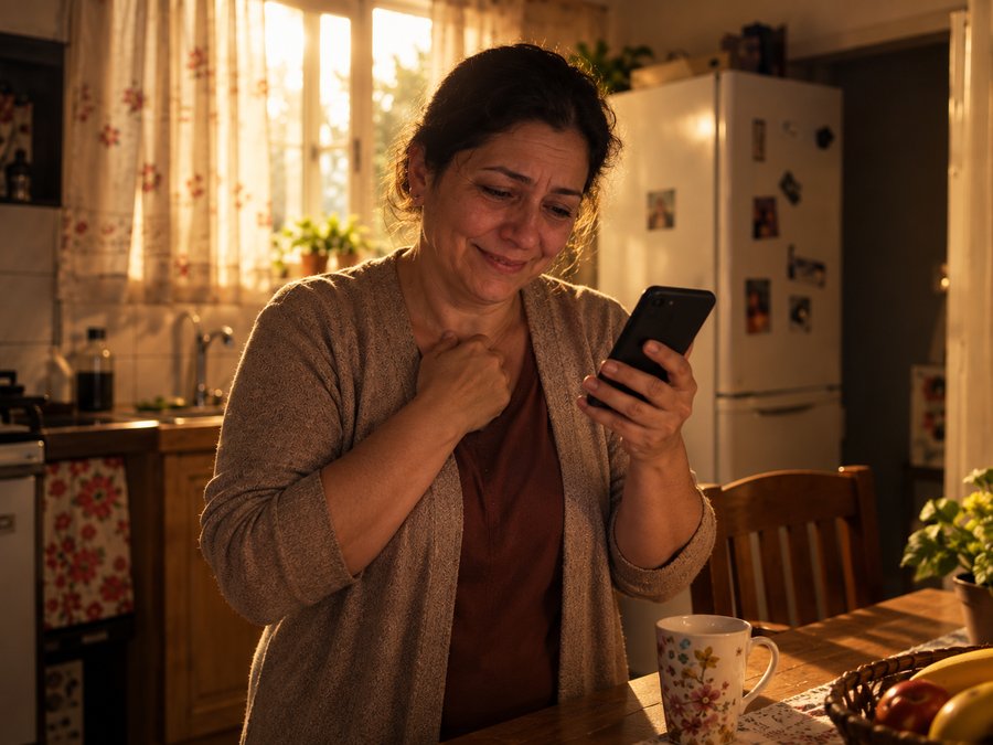 La misma mujer, por la mañana, aliviada