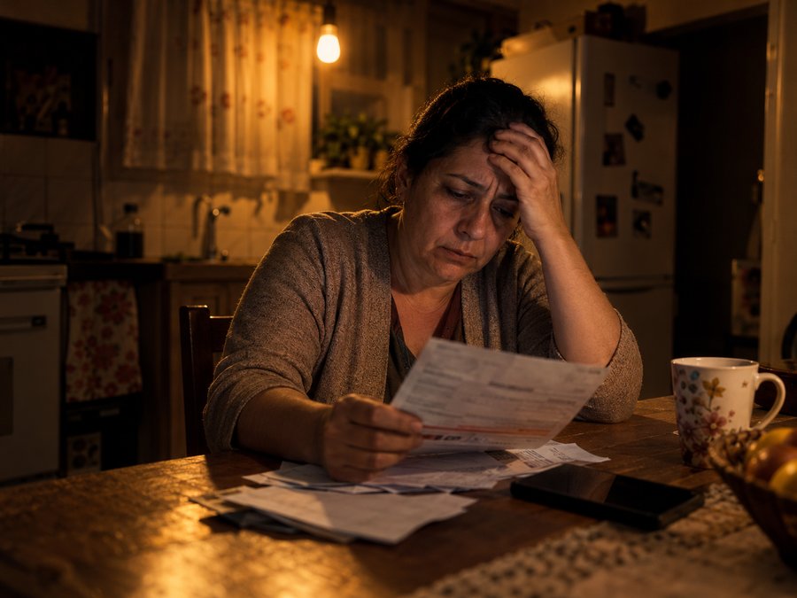 Mujer sola en la cocina de noche, mirando una cuenta vencida